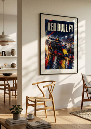 Red Bull F1 by Danii Steinfeldt in a black frame in a bright dining room with wooden chairs