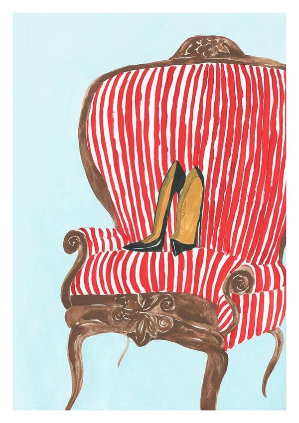 Illustration of a red and white striped vintage chair with high-heeled shoes on the seat by Martina Karlsson.