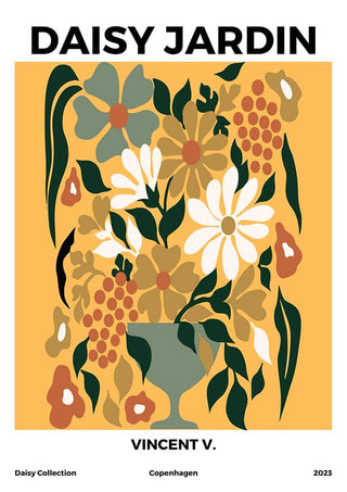 Abstract floral artwork with daisies in a vase on a yellow background; Daisy Jardin No 2 by Vincent V.