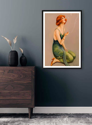 Framed "Smoking Red" by Martina Karlsson on a gray wall above a dark wood dresser with decorative vases.