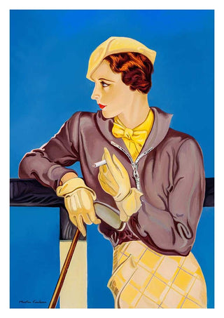 Art print of a stylish woman in vintage attire, holding a cigarette, featured on Hold You Thoughts product page.