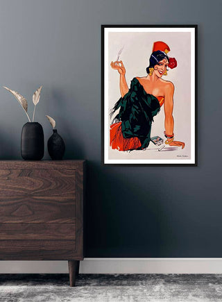 Framed "City Dreams" by Martina Karlsson displayed on a dark wall above a wooden dresser with vases.