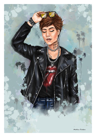 Illustration of a stylish person in a leather jacket adjusting sunglasses, by Martina Karlsson for Slick.