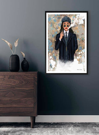 Framed artwork of Sherlock Haires by Martina Karlsson displayed on a dark wall above a wooden dresser.