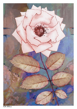 Artistic illustration of a single pink rose with leaves, featured on the Pink Rose - Kate Aitana product page.