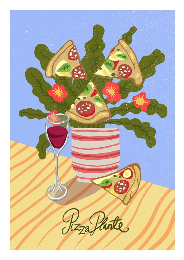Illustration of a plant with pizza slice leaves in a striped pot, glass of red wine, and "Pizza Plante" text.