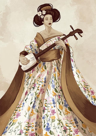 Geisha in a floral kimono playing shamisen, elegant watercolor style for Eton x Geisha - Kate Aitana product page.