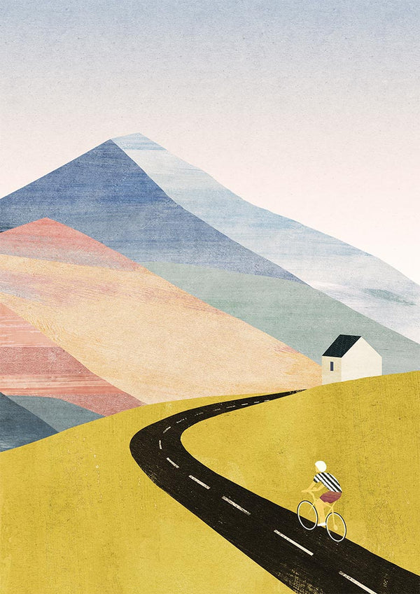 Illustration of a cyclist riding on a winding road toward a house, with mountains in the background.