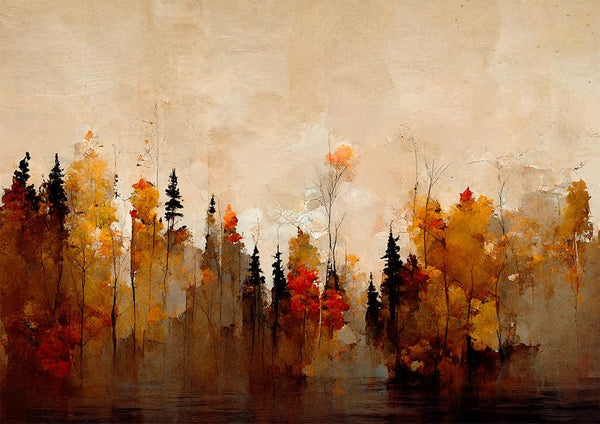 Abstract autumn forest scene with tall trees in orange, yellow, and red tones from A Forest In Autumn - Treechild.