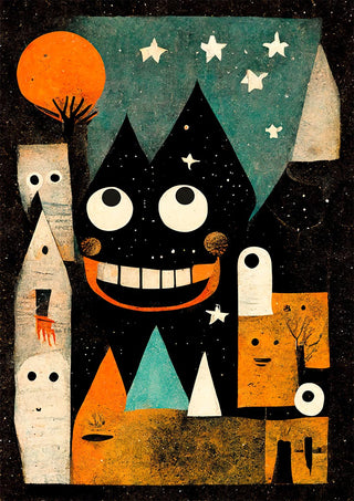 Whimsical, starry night scene with smiling monster and abstract trees from Monster Ville - Treechild product page.