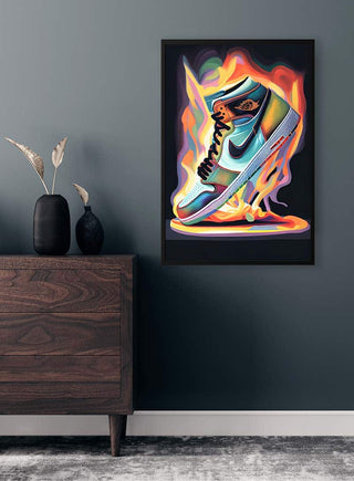 Colorful sneaker surrounded by flames art print, "On Fire Jordan Plakat" by Danii Steinfeldt on wall above dresser.