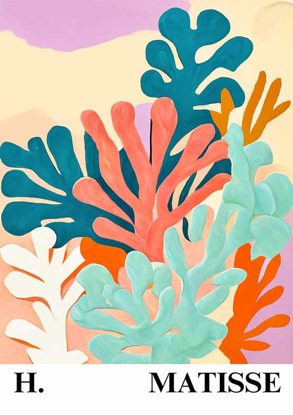 Abstract coral shapes in bold colors inspired by Matisse, featured on a decorative Plakat print.