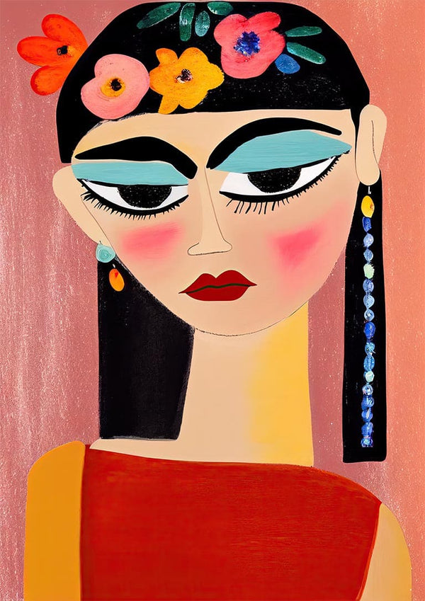 Colorful abstract portrait of a woman with flowers in her hair, inspired by Mexican art, from You Miss Me Mexico.