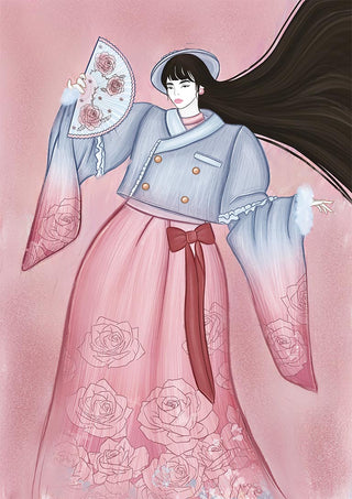 Illustration of Kate Aitana in a floral hanbok holding a fan, featured on the Be Yours product page.