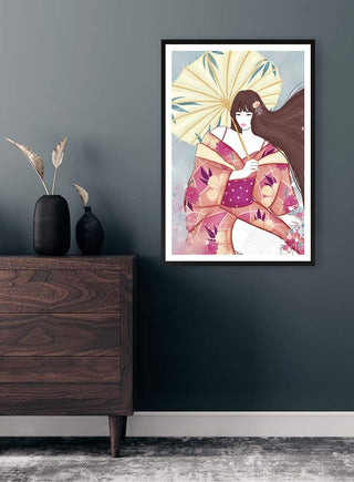 Framed Japanese Impulse - Kate Aitana wall art featuring a woman in traditional attire with an umbrella.