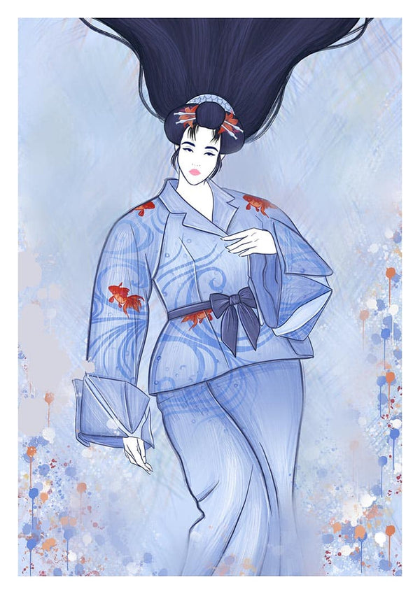 Illustration of a Japanese woman in a blue kimono with koi fish, featured on "The Japanese Woman" by Kate Aitana.
