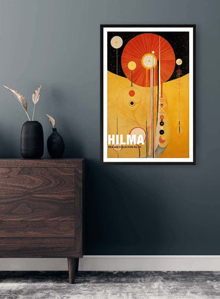 Hilma No 1 - Tara Green abstract art print displayed in a modern room above a wooden dresser.
