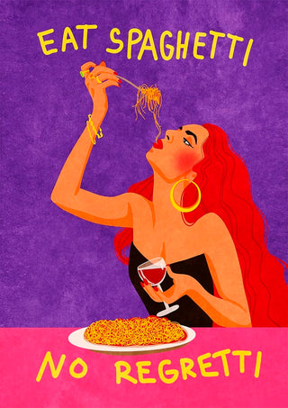 Woman enjoying spaghetti and wine with text "Eat Spaghetti No Regretti" on a colorful background.