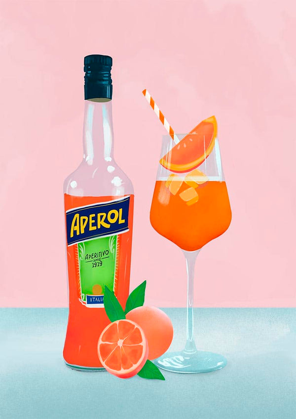 Aperol bottle and spritz cocktail with orange slice garnish and striped straw, next to fresh oranges.