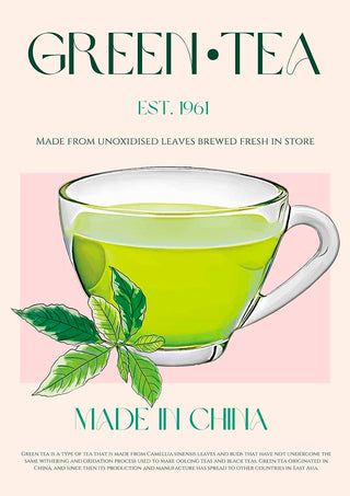 A clear cup of green tea with fresh tea leaves, labeled Green Tea No2, and "Made in China" text.