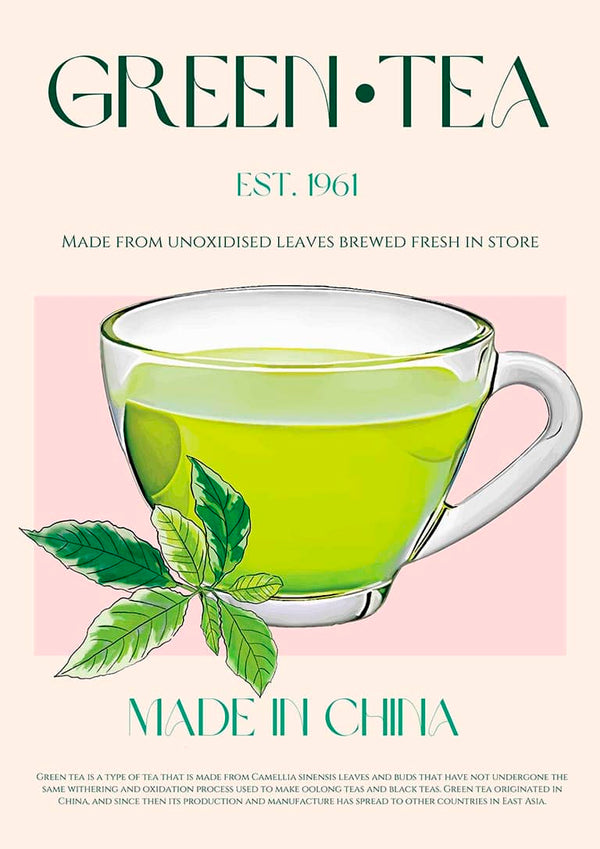 A clear cup of green tea with fresh tea leaves, labeled Green Tea No2, and "Made in China" text.