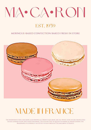 Four assorted macarons on a pink background with "MA CA RON" and "Made in France" text above and below.