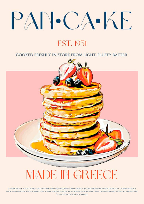 Stack of pancakes topped with berries and syrup, presented on a plate. Made in Greece.