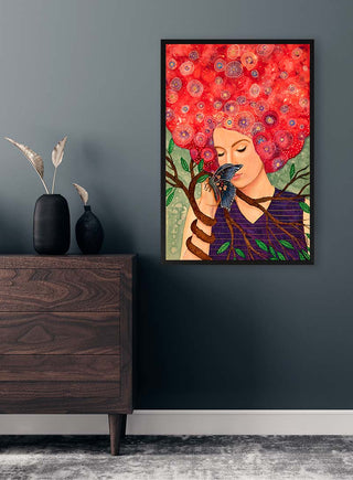 Colorful Force De La Nature artwork by Sylvie Demers, featuring a woman with vibrant red hair and nature elements.