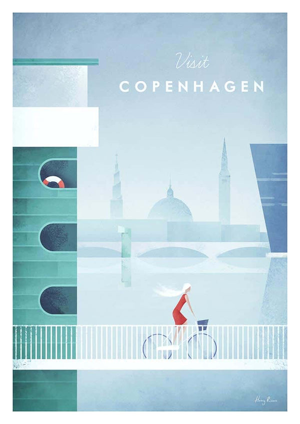 Illustrated Copenhagen cityscape with cyclist on bridge, domed building, and water; "Visit Copenhagen" text above.