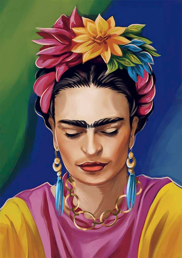 Digital portrait of a woman with colorful flowers in her hair, gold earrings, and vibrant clothing for Kate Aitana.