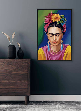 Framed colorful portrait of a woman with flowers in her hair displayed above a dark wood dresser.