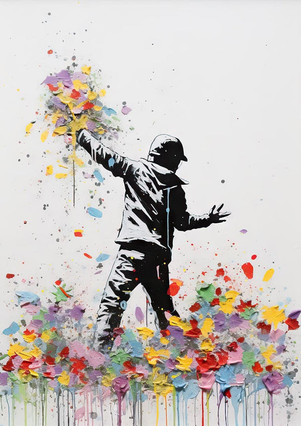 A figure in black and white throws colorful flowers, inspired by Banksy's Flower Thrower artwork.