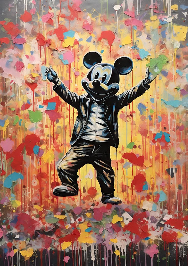 Mickey Mouse in a leather jacket stands with arms wide, set against a vibrant, Banksy-inspired graffiti background.