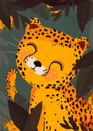 Smiling cartoon leopard named Little Leo surrounded by green leaves and yellow flowers.