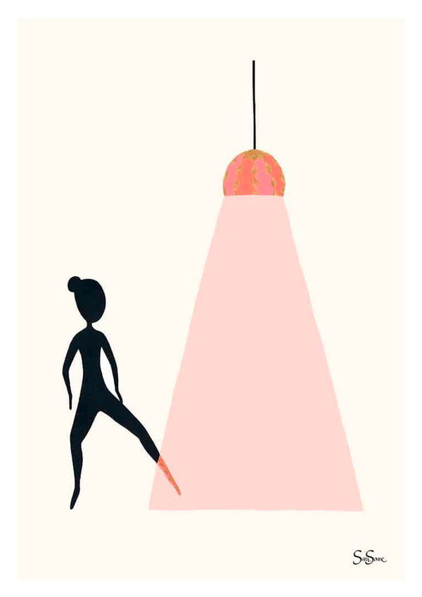 Minimalist artwork of a dancer stepping into the light from a hanging lamp, by Sara Sonne for Step In.