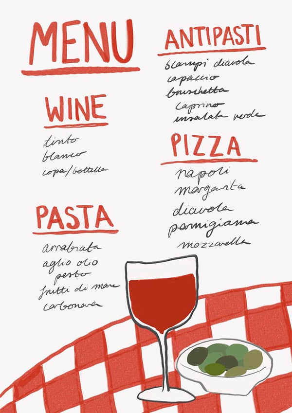 Illustrated Italian menu with wine, pasta, antipasti, and pizza options beside a glass of red wine and olives.