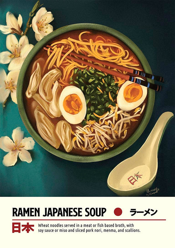Bowl of ramen with noodles, sliced egg, pork, scallions, and chopsticks on a product page for Japanese soup.
