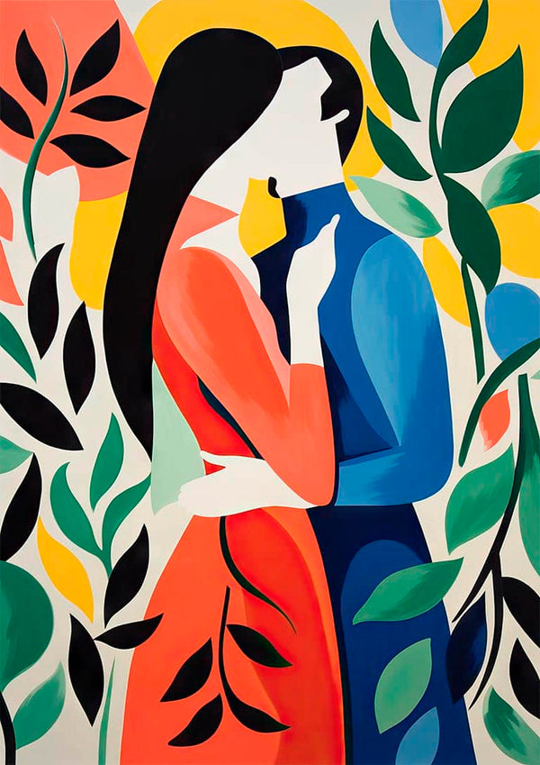 Abstract art of a couple embracing among colorful leaves, inspired by The Kiss No 03 by David Wolf.