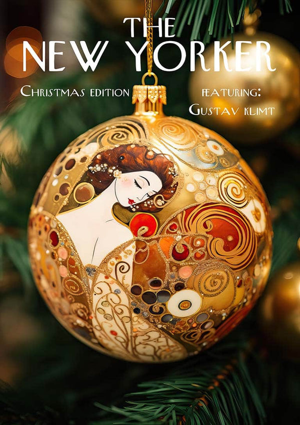 Gold Christmas ornament with Gustav Klimt-inspired art, on New Yorker magazine's Christmas edition cover.