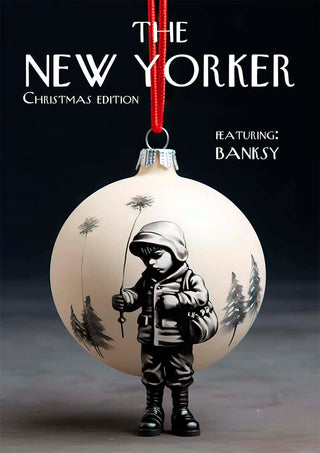 Christmas ornament with a Banksy-style figure, promoting The New Yorker Christmas edition featuring Banksy.