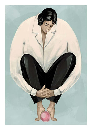 Illustration of a person sitting alone, hugging knees, balancing on a pink ball against a blue background.
