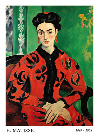 Portrait of a woman in a red and black dress, seated, with green background. Artwork by Henri Matisse.