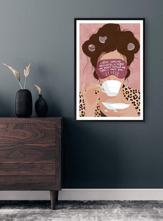 Framed Eeffoc - ByKammille art print of a woman with rollers, leopard robe, and coffee cup on a modern wall.