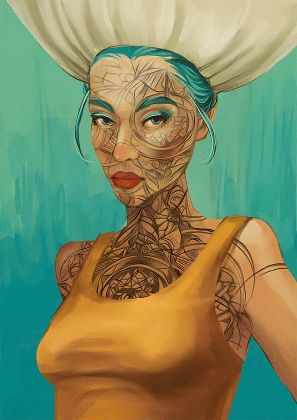 Artistic portrait of a woman with blue hair, bold lips, floral tattoos, and a yellow top on teal background.