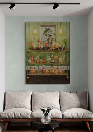 Painting of a stylish bar cart with drinks and plants, displayed above a modern sofa in a cozy room.