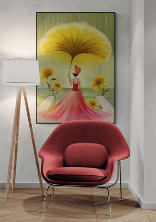 Framed "Yellow Fantastic" by Martina Karlsson above a red chair and floor lamp in a modern room setting.