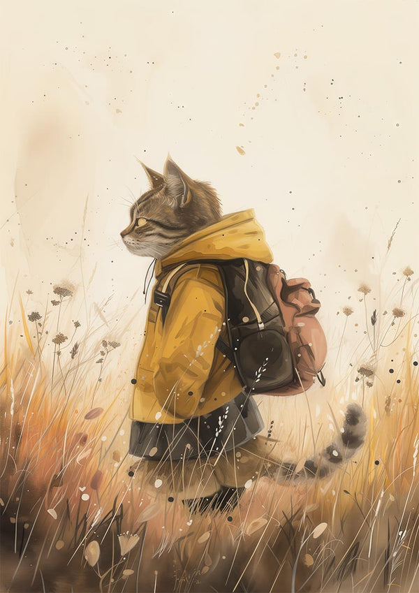 A cat in a yellow jacket and backpack stands in tall grass, embodying the adventurous Cool Cat spirit.