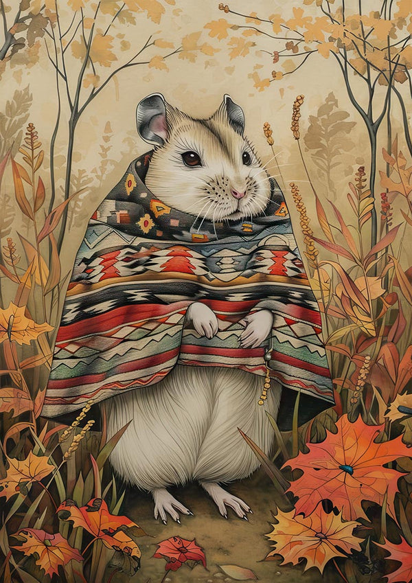 A cute mouse wearing a patterned poncho stands among autumn leaves and tall grass.
