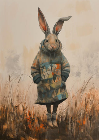 A stylish rabbit in a patterned coat and boots stands in a grassy field, modeling for Fashion Show Rabbit.