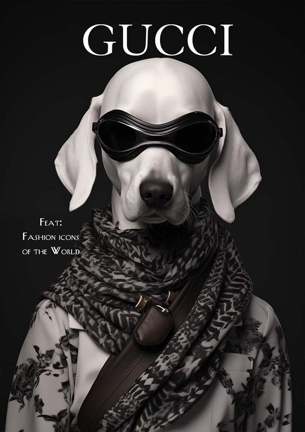 A stylish dog wearing sunglasses, a scarf, and jacket, modeled as a Gucci Fashion Dog on a product page.
